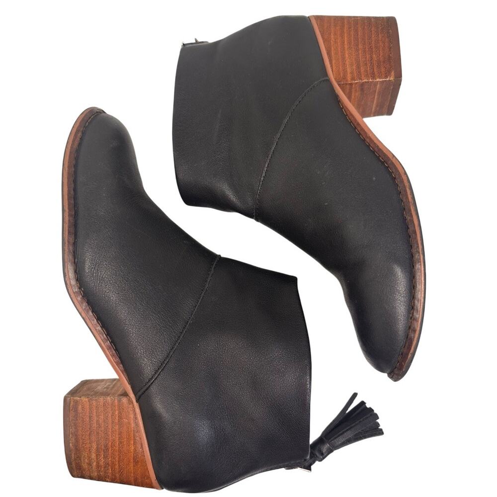 Toms Black Leather Leila Ankle Boots Booties Tassel Back Zip‎ Western Women 6.5